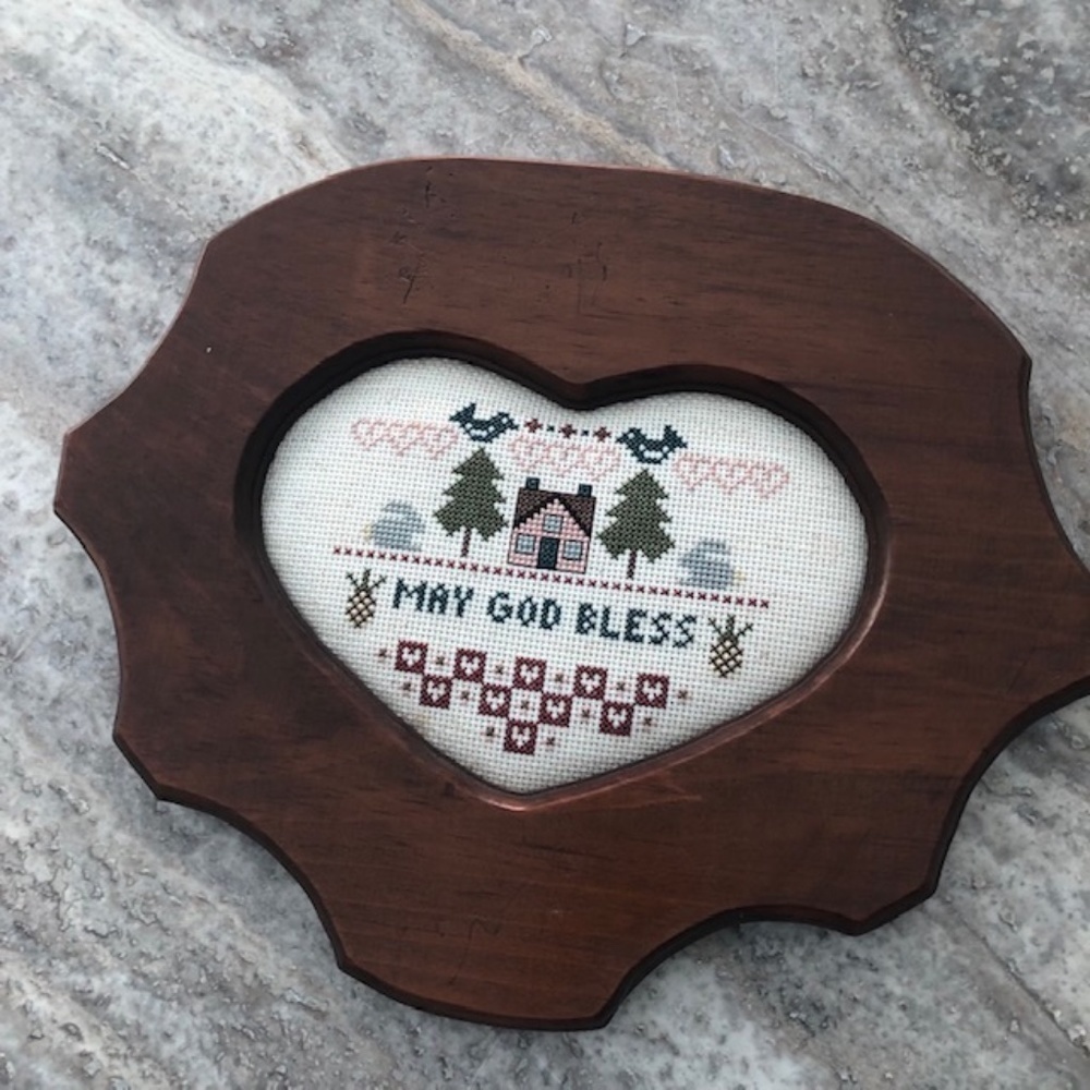 Vintage Handmade Cross Stitch May God Bless in Handmade Wood Frame SIGNED DATED